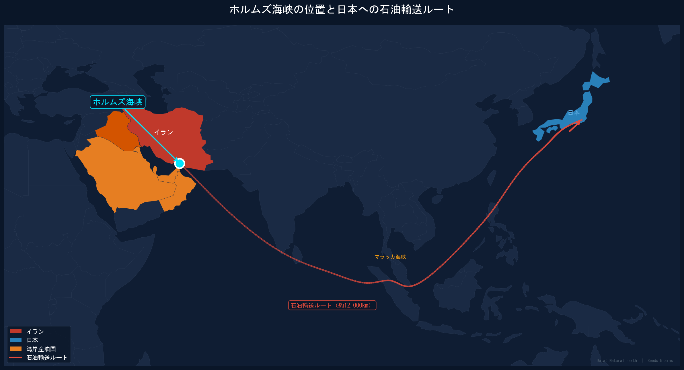 ホルムズ海峡の位置（世界地図）- イランから日本への石油輸送ルート